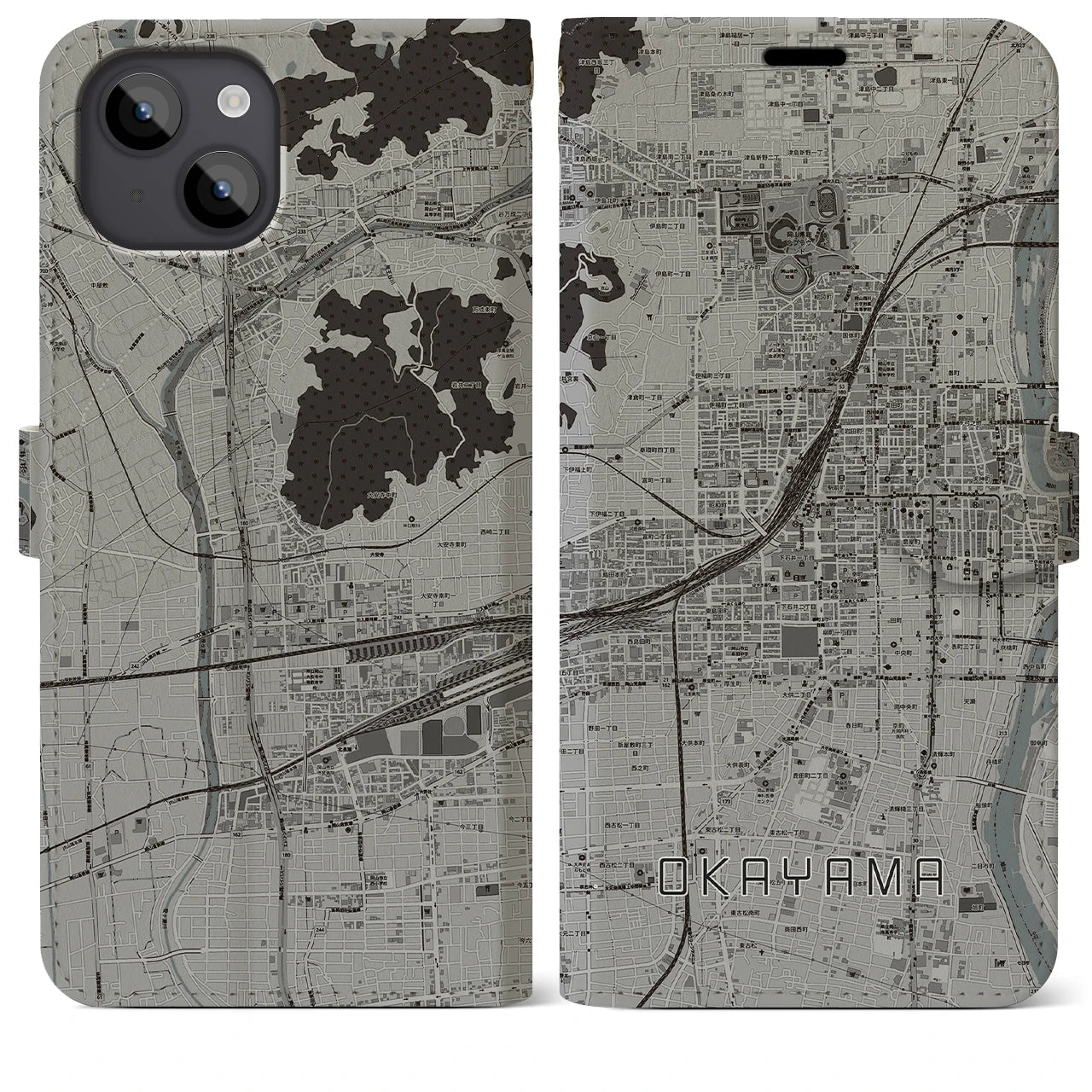 【岡山2(岡山県)】地図柄iPhoneケース(手帳タイプ)モノトーン・iPhone 14 Plus 用