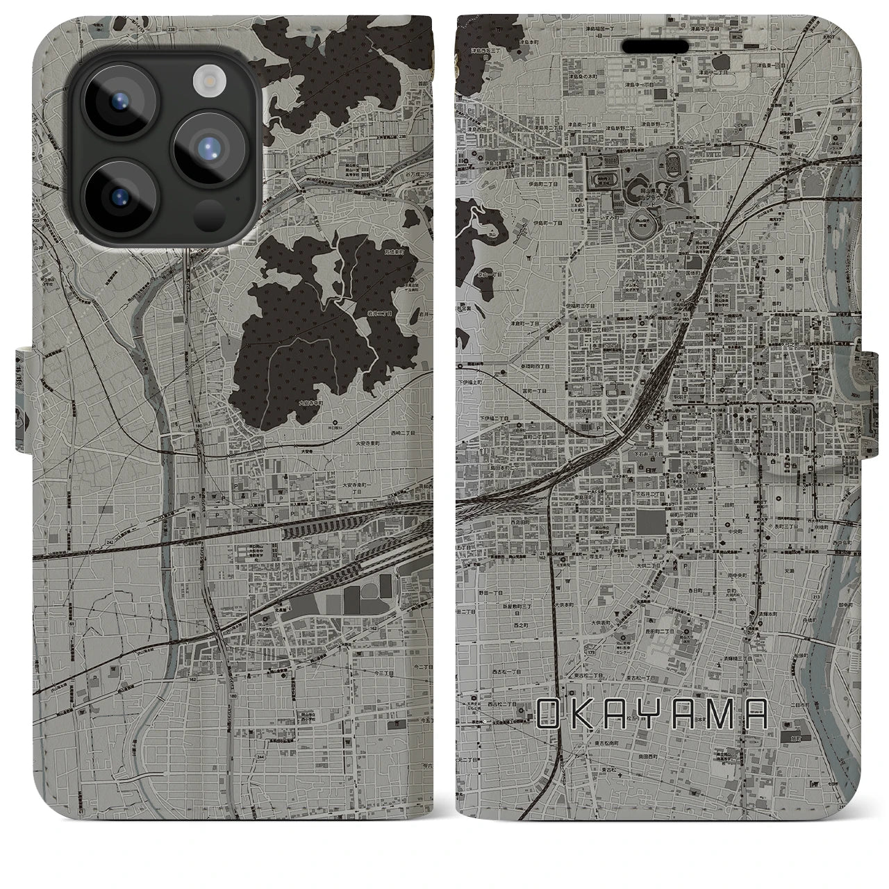 【岡山2(岡山県)】地図柄iPhoneケース(手帳タイプ)モノトーン・iPhone 15 Pro Max 用