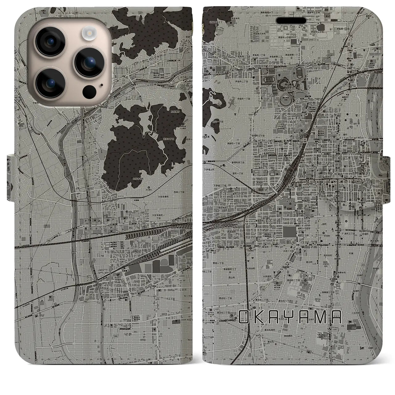 【岡山2(岡山県)】地図柄iPhoneケース(手帳タイプ)モノトーン・iPhone 16 Plus 用