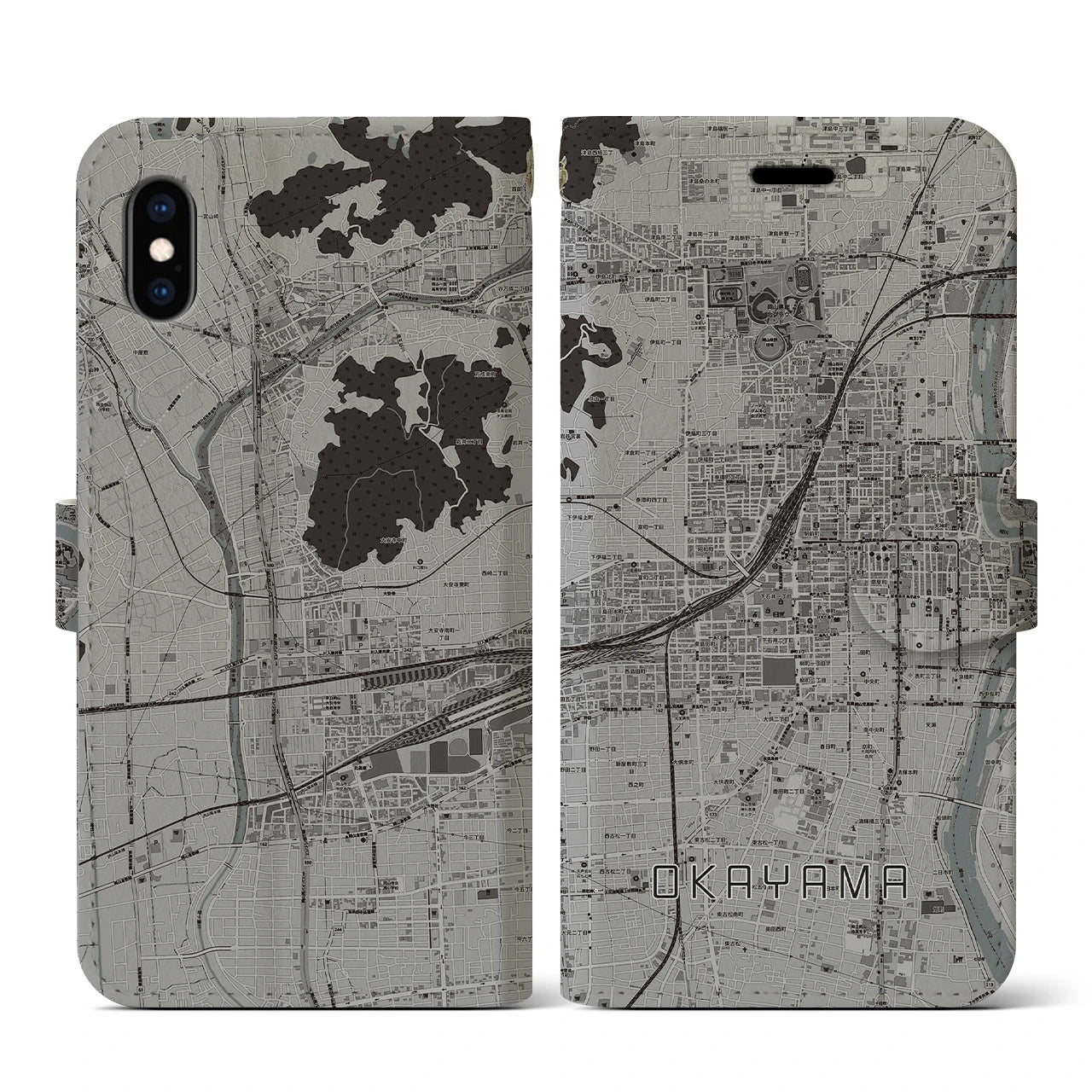【岡山2(岡山県)】地図柄iPhoneケース(手帳タイプ)モノトーン・iPhone XS / X 用