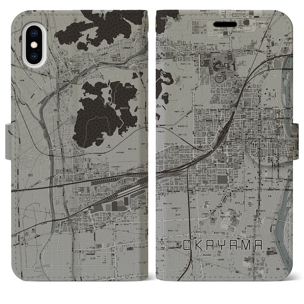 【岡山2(岡山県)】地図柄iPhoneケース(手帳タイプ)モノトーン・iPhone XS Max 用