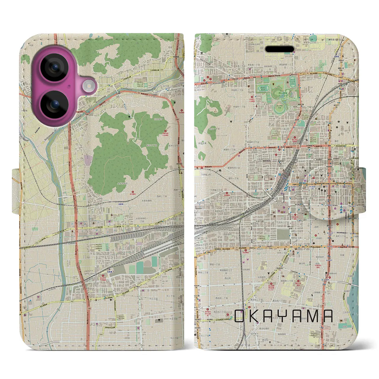 【岡山2(岡山県)】地図柄iPhoneケース(手帳タイプ)ナチュラル・iPhone 16 Pro 用