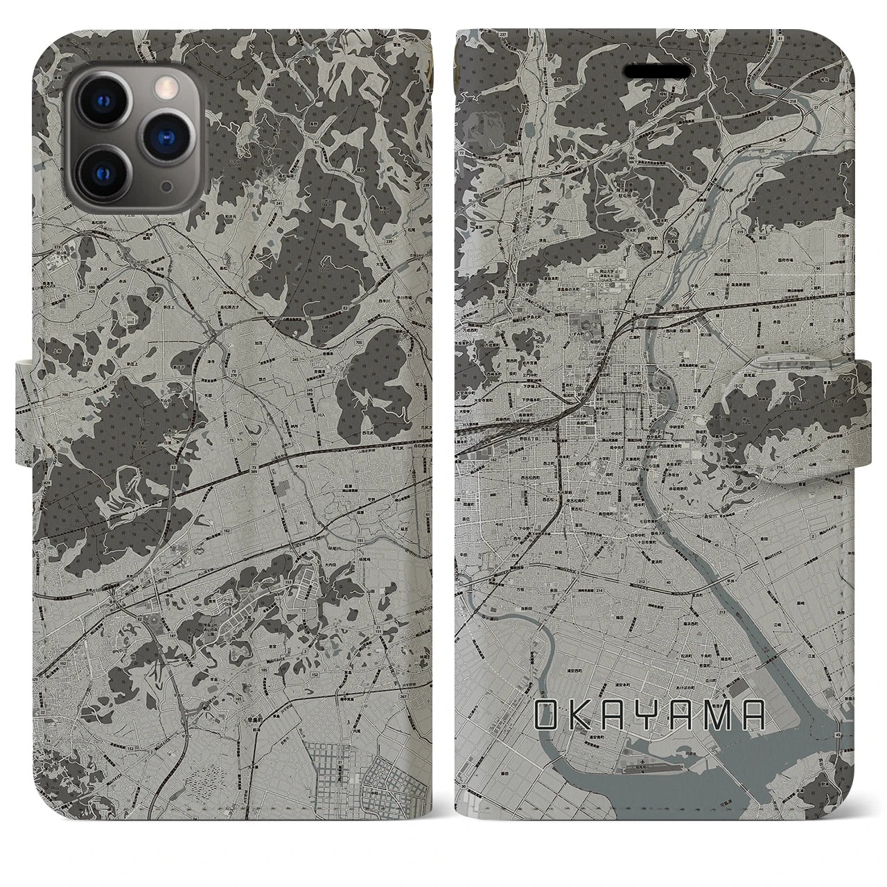 【岡山(岡山県)】地図柄iPhoneケース(手帳タイプ)モノトーン・iPhone 11 Pro Max 用