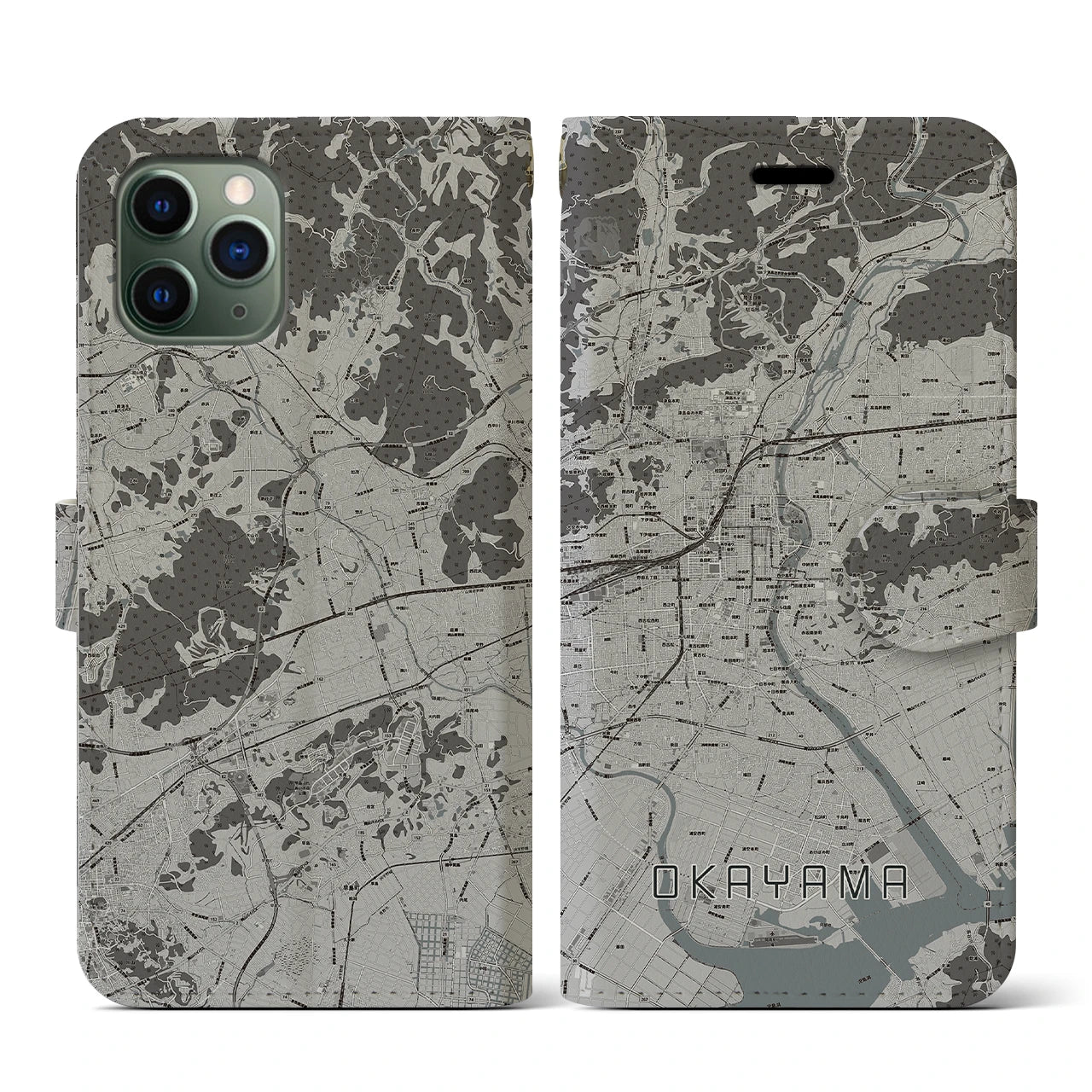 【岡山(岡山県)】地図柄iPhoneケース(手帳タイプ)モノトーン・iPhone 11 Pro 用