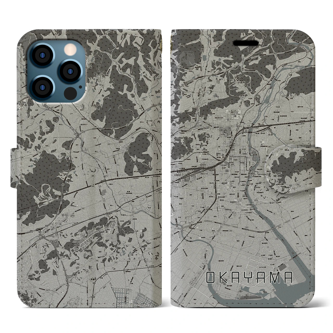 【岡山(岡山県)】地図柄iPhoneケース(手帳タイプ)モノトーン・iPhone 12 / 12 Pro 用