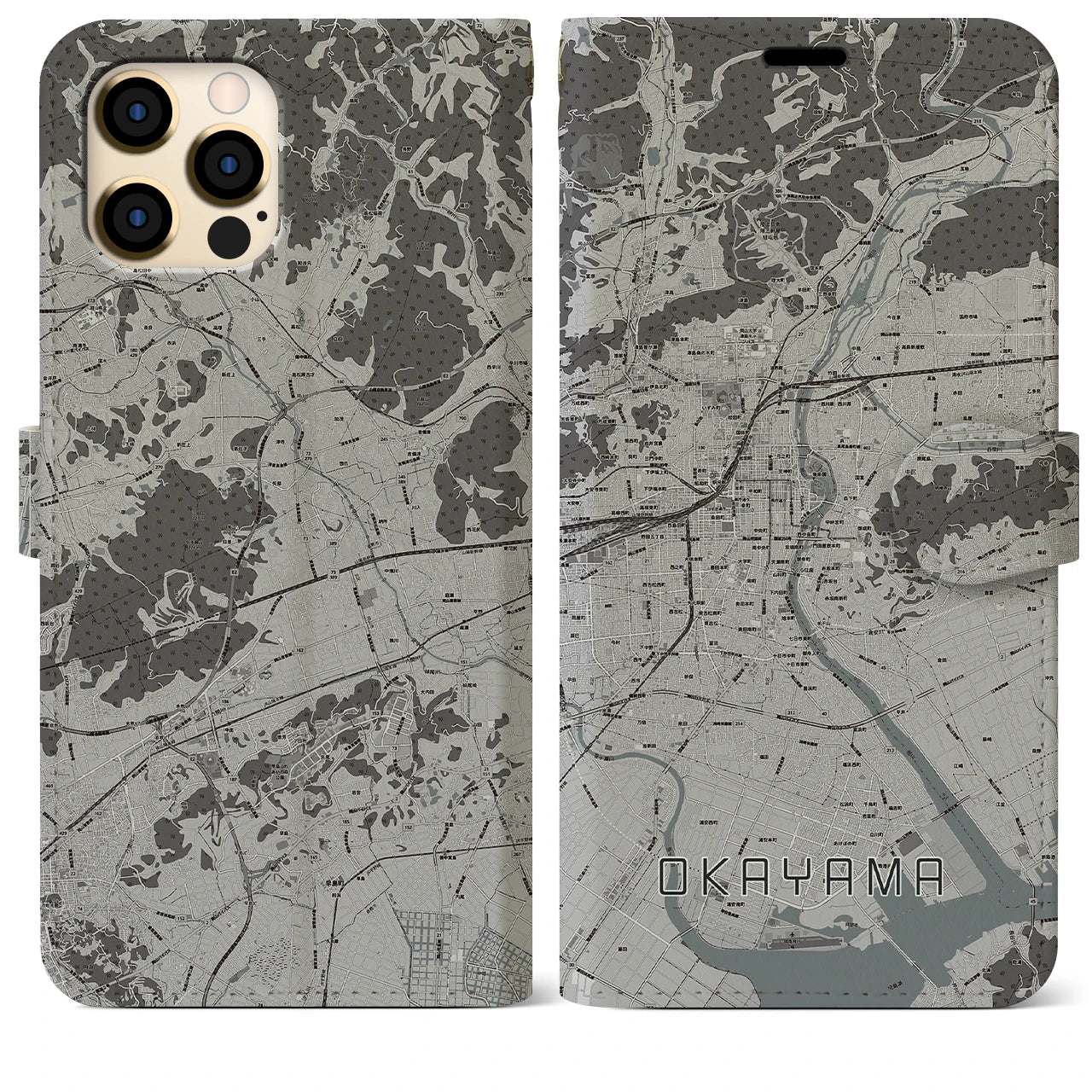 【岡山(岡山県)】地図柄iPhoneケース(手帳タイプ)モノトーン・iPhone 12 Pro Max 用