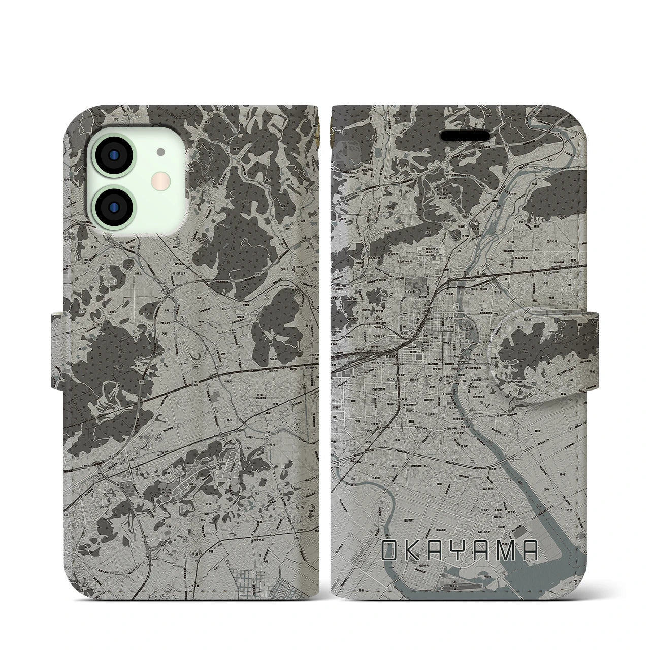 【岡山(岡山県)】地図柄iPhoneケース(手帳タイプ)モノトーン・iPhone 12 mini 用