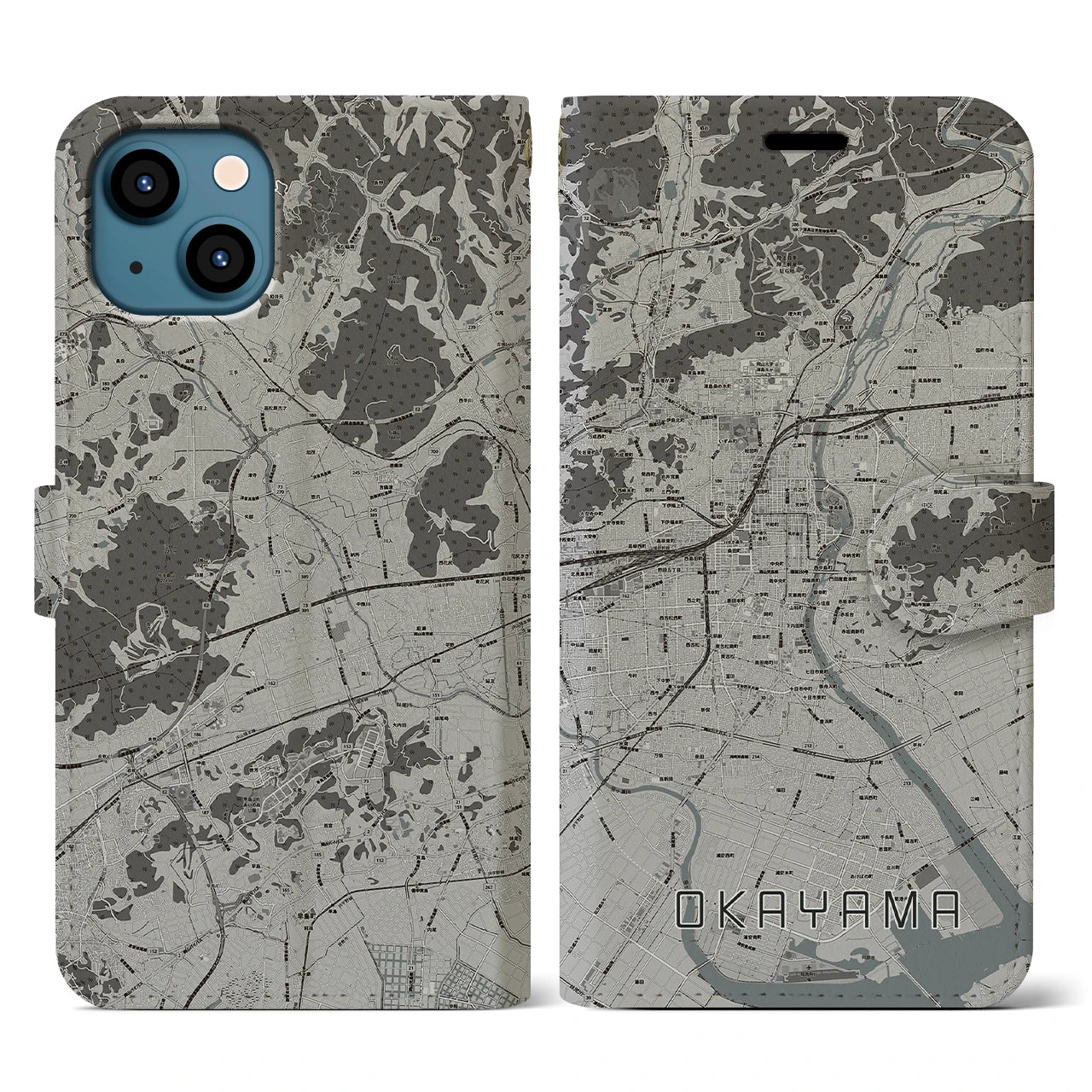 【岡山(岡山県)】地図柄iPhoneケース(手帳タイプ)モノトーン・iPhone 13 用