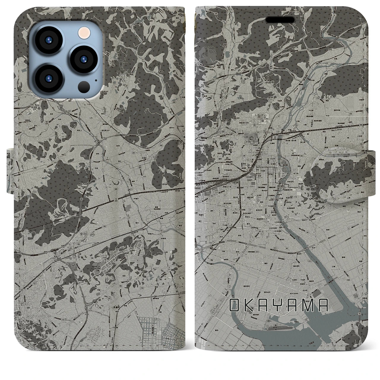 【岡山(岡山県)】地図柄iPhoneケース(手帳タイプ)モノトーン・iPhone 13 Pro Max 用