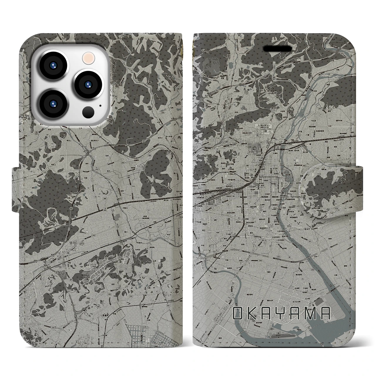【岡山(岡山県)】地図柄iPhoneケース(手帳タイプ)モノトーン・iPhone 13 Pro 用