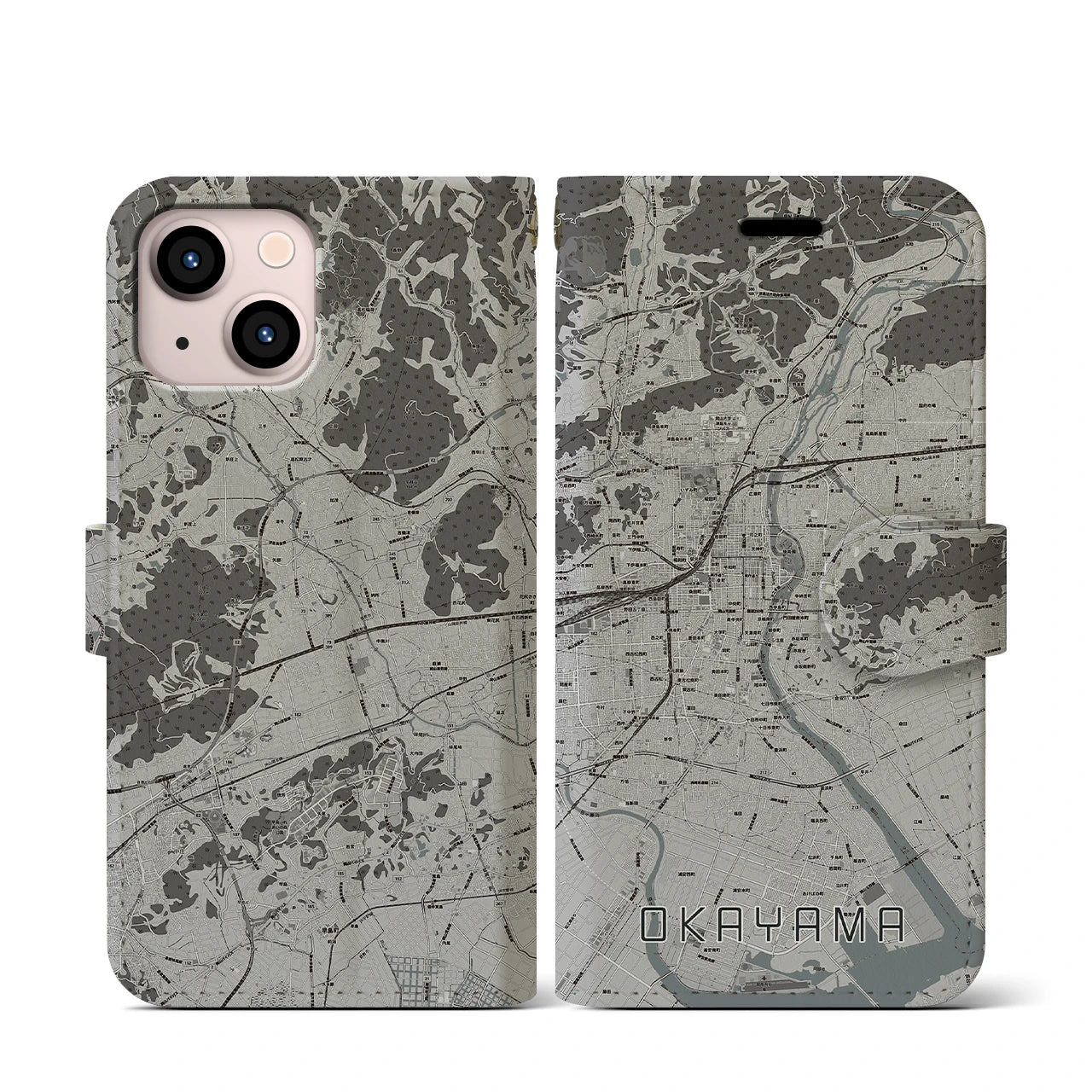 【岡山(岡山県)】地図柄iPhoneケース(手帳タイプ)モノトーン・iPhone 13 mini 用