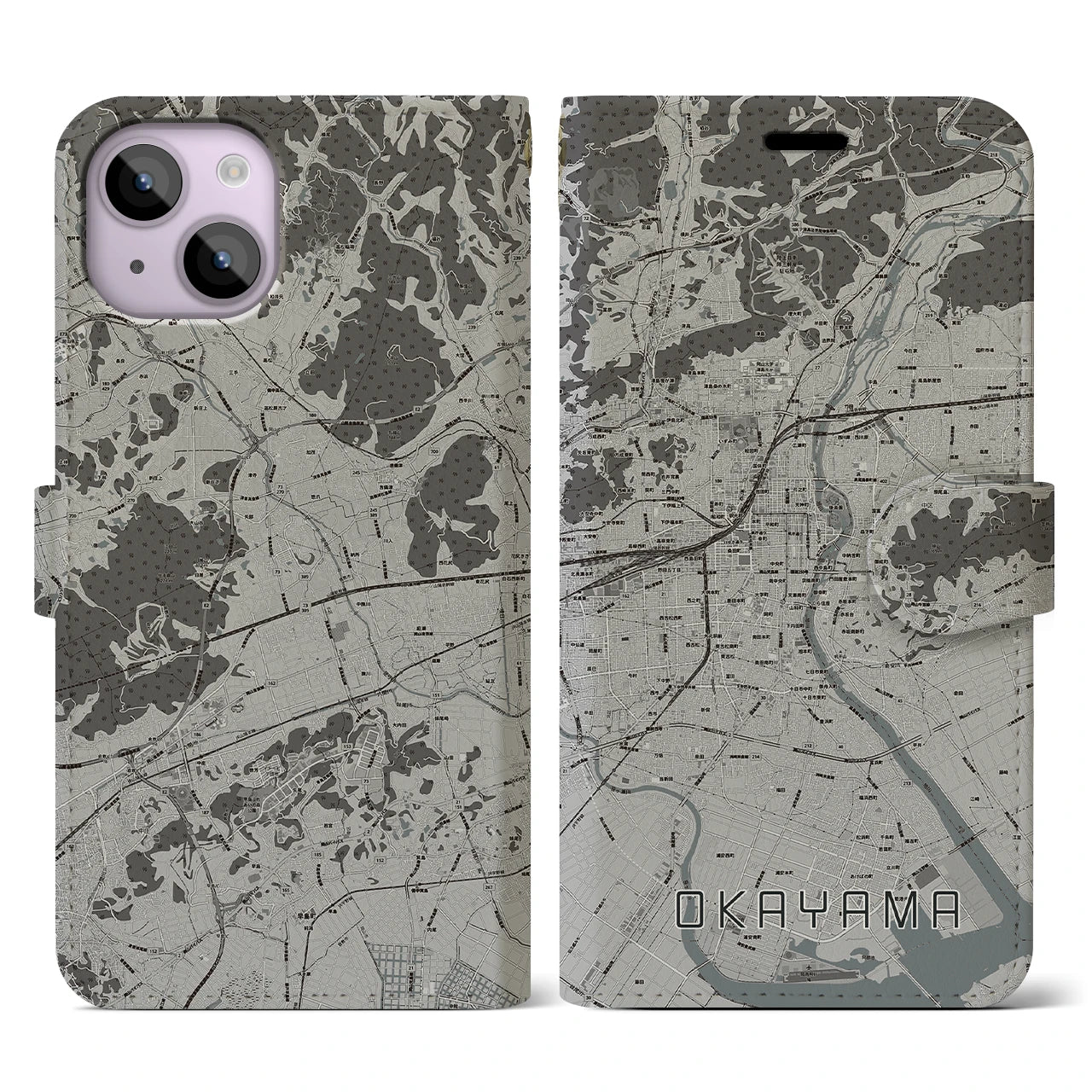 【岡山(岡山県)】地図柄iPhoneケース(手帳タイプ)モノトーン・iPhone 14 用