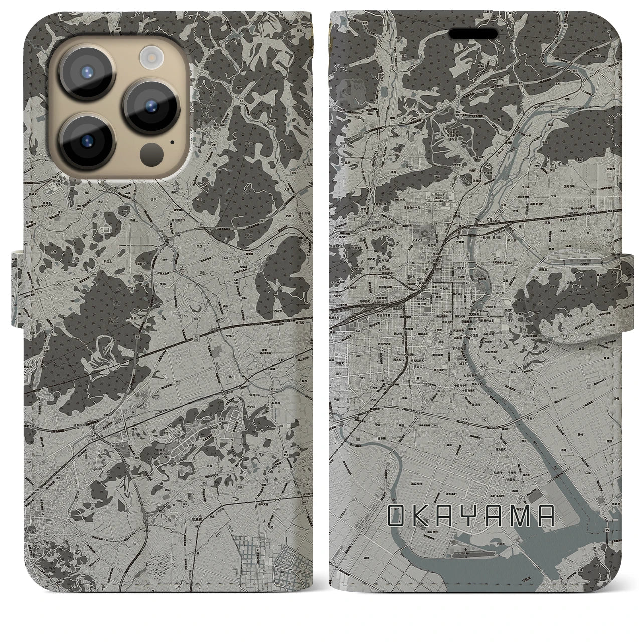 【岡山(岡山県)】地図柄iPhoneケース(手帳タイプ)モノトーン・iPhone 14 Pro Max 用
