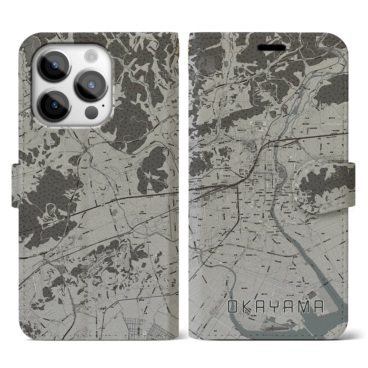 【岡山(岡山県)】地図柄iPhoneケース(手帳タイプ)モノトーン・iPhone 14 Pro 用