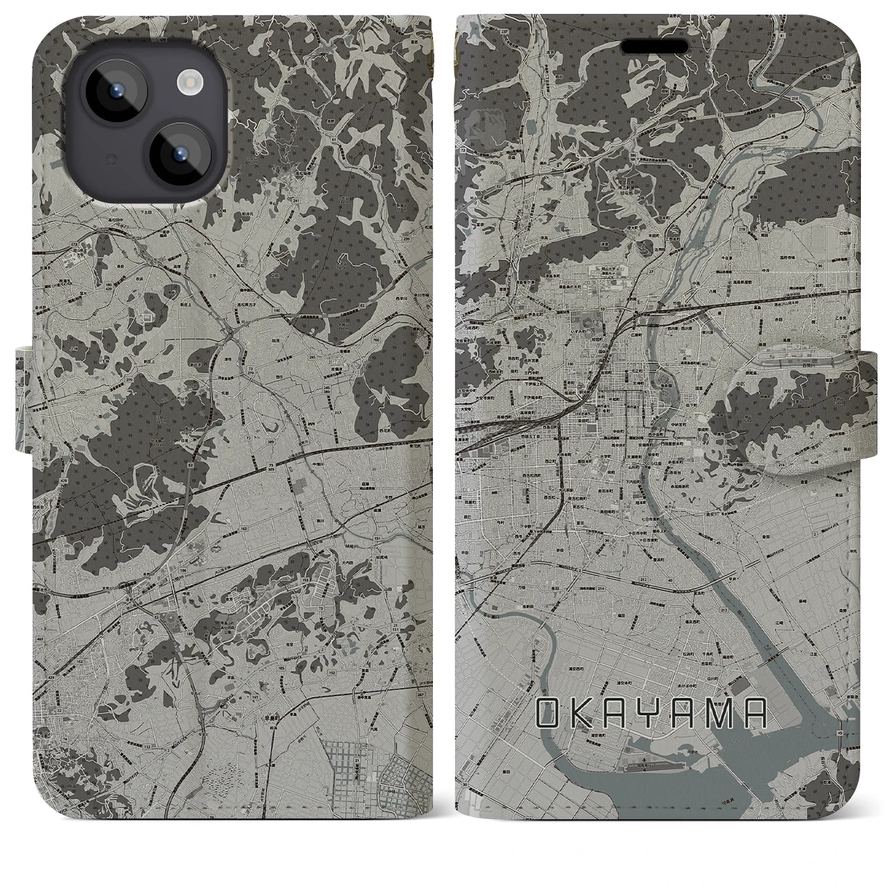 【岡山(岡山県)】地図柄iPhoneケース(手帳タイプ)モノトーン・iPhone 14 Plus 用