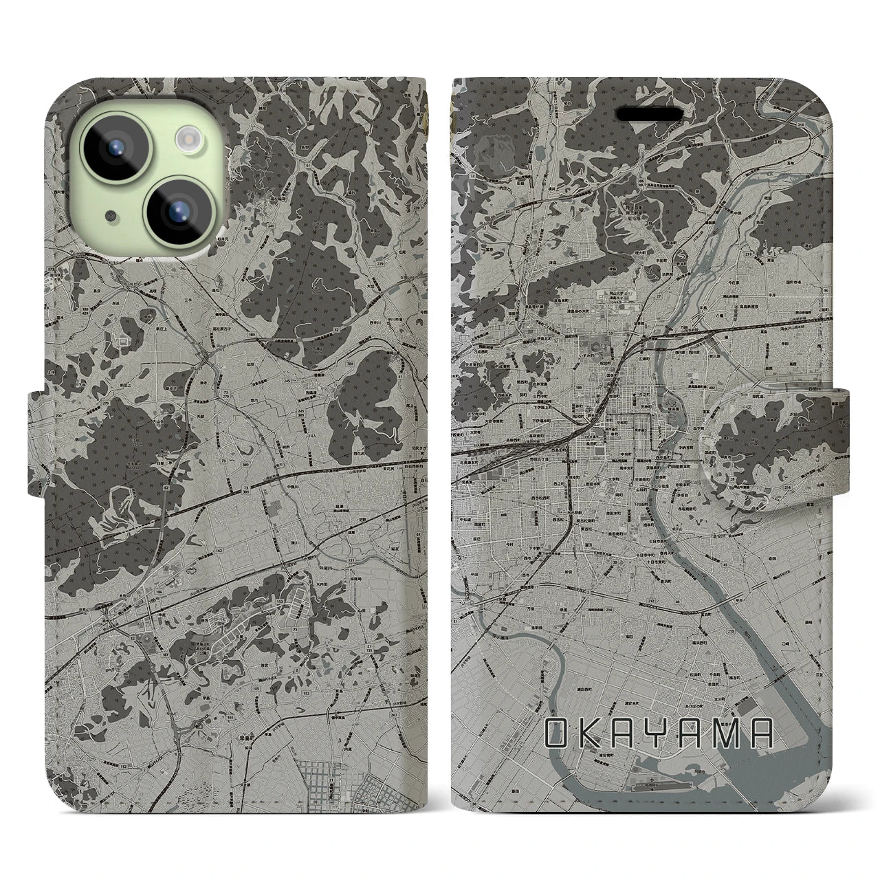 【岡山(岡山県)】地図柄iPhoneケース(手帳タイプ)モノトーン・iPhone 15 用