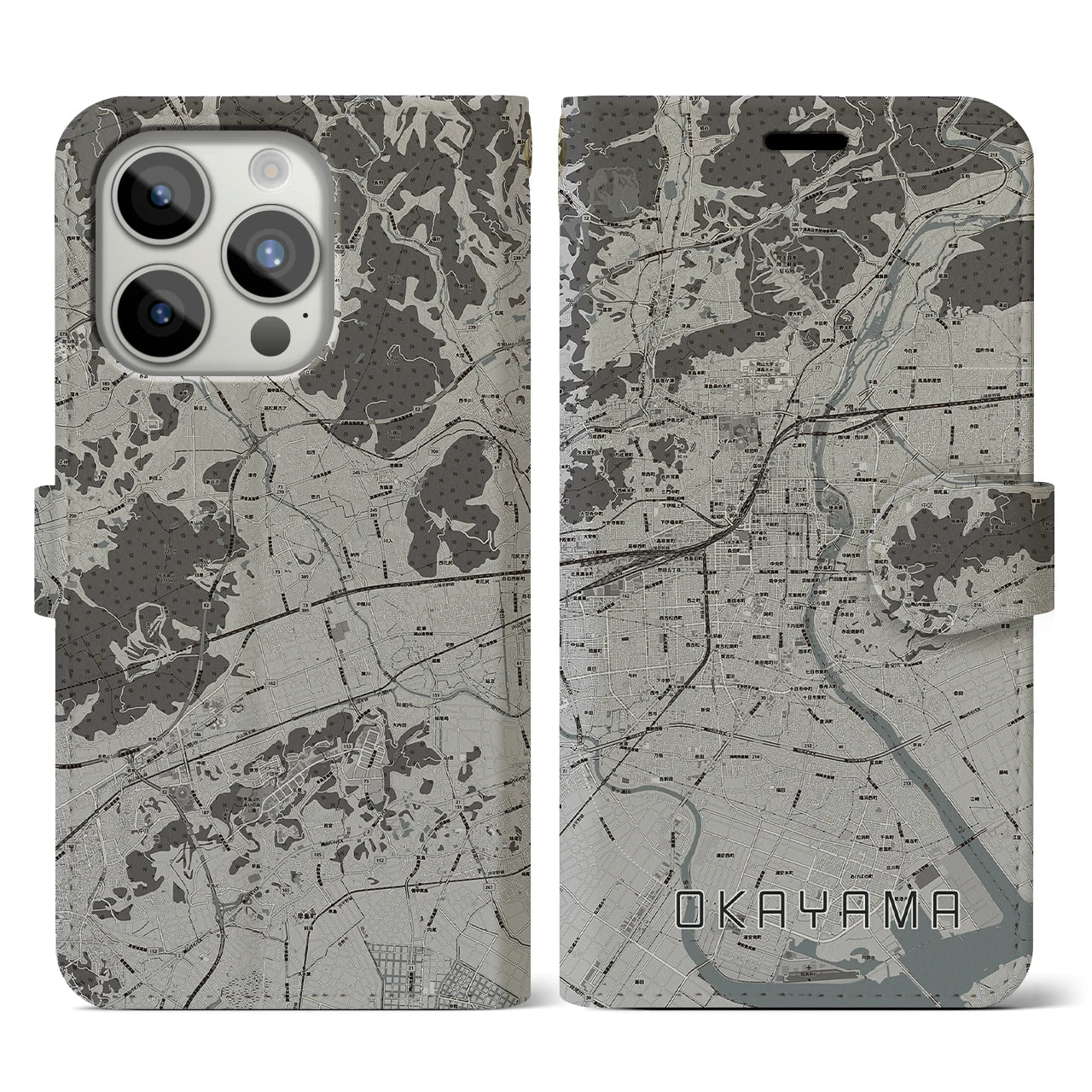 【岡山(岡山県)】地図柄iPhoneケース(手帳タイプ)モノトーン・iPhone 15 Pro 用