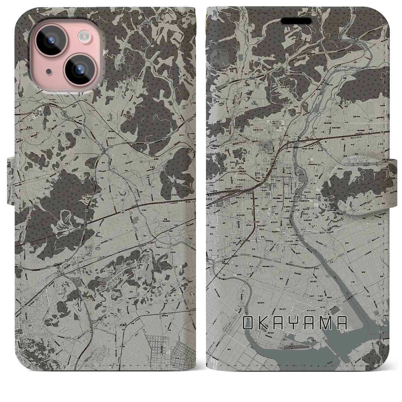 【岡山(岡山県)】地図柄iPhoneケース(手帳タイプ)モノトーン・iPhone 15 Plus 用