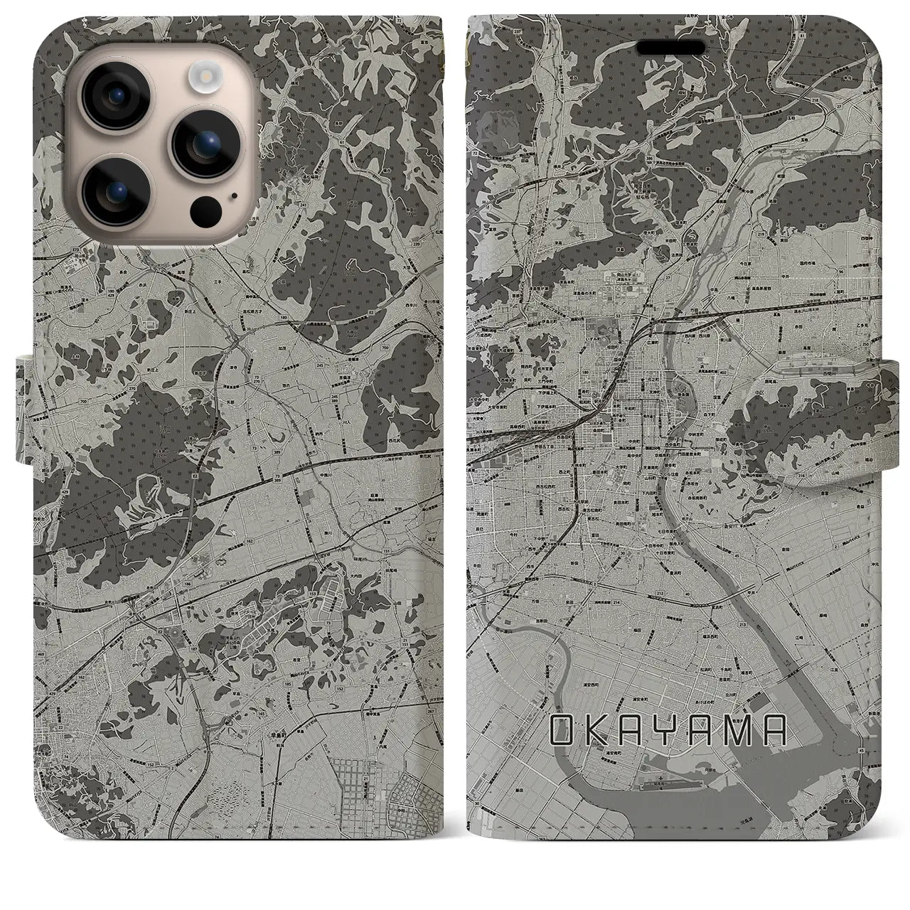 【岡山(岡山県)】地図柄iPhoneケース(手帳タイプ)モノトーン・iPhone 16 Plus 用