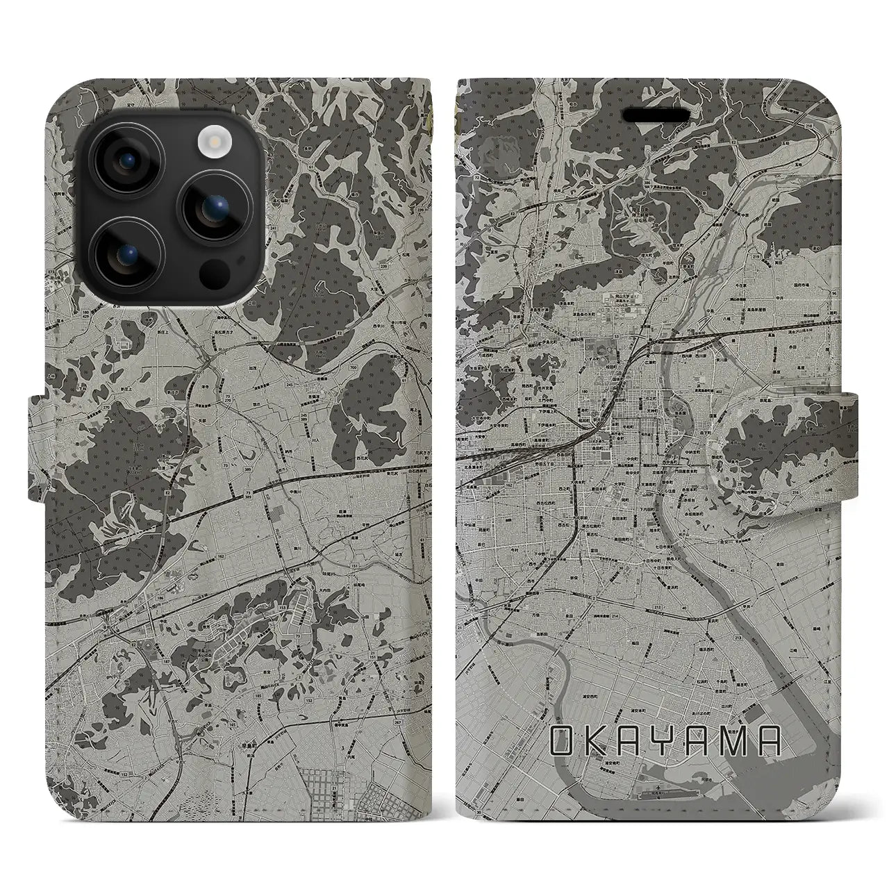 【岡山(岡山県)】地図柄iPhoneケース(手帳タイプ)モノトーン・iPhone 16 用