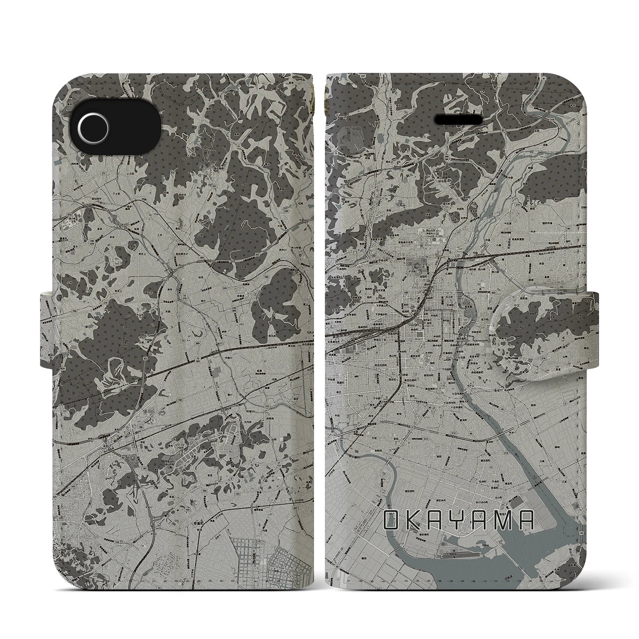 【岡山(岡山県)】地図柄iPhoneケース(手帳タイプ)モノトーン・iPhone SE(第3 / 第2世代) / 8 / 7 / 6s / 6 用