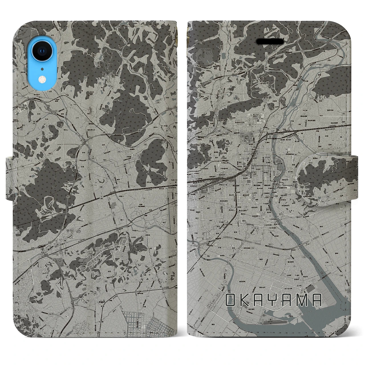 【岡山(岡山県)】地図柄iPhoneケース(手帳タイプ)モノトーン・iPhone XR 用