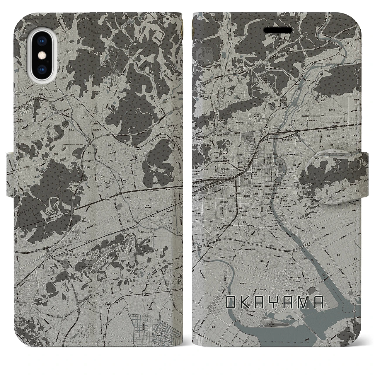 【岡山(岡山県)】地図柄iPhoneケース(手帳タイプ)モノトーン・iPhone XS Max 用