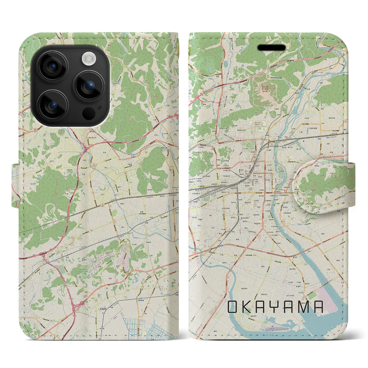 【岡山(岡山県)】地図柄iPhoneケース(手帳タイプ)ナチュラル・iPhone 16 用