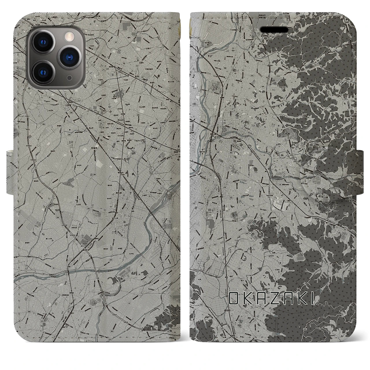 【岡崎(愛知県)】地図柄iPhoneケース(手帳タイプ)モノトーン・iPhone 11 Pro Max 用