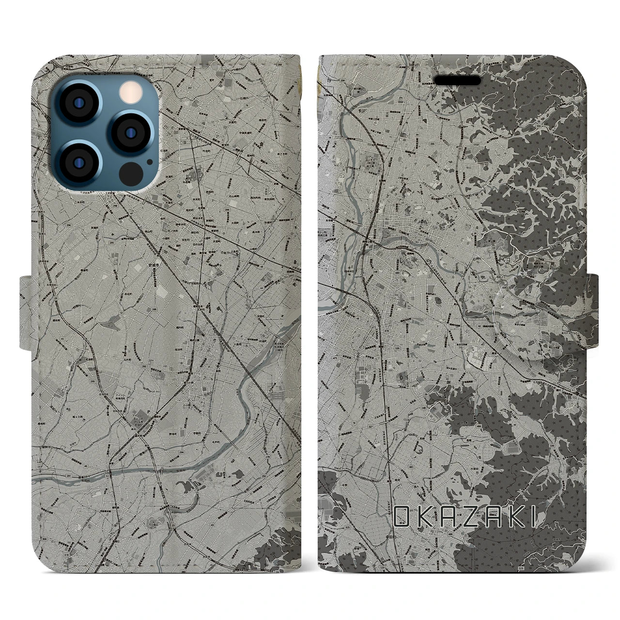 【岡崎(愛知県)】地図柄iPhoneケース(手帳タイプ)モノトーン・iPhone 12 / 12 Pro 用