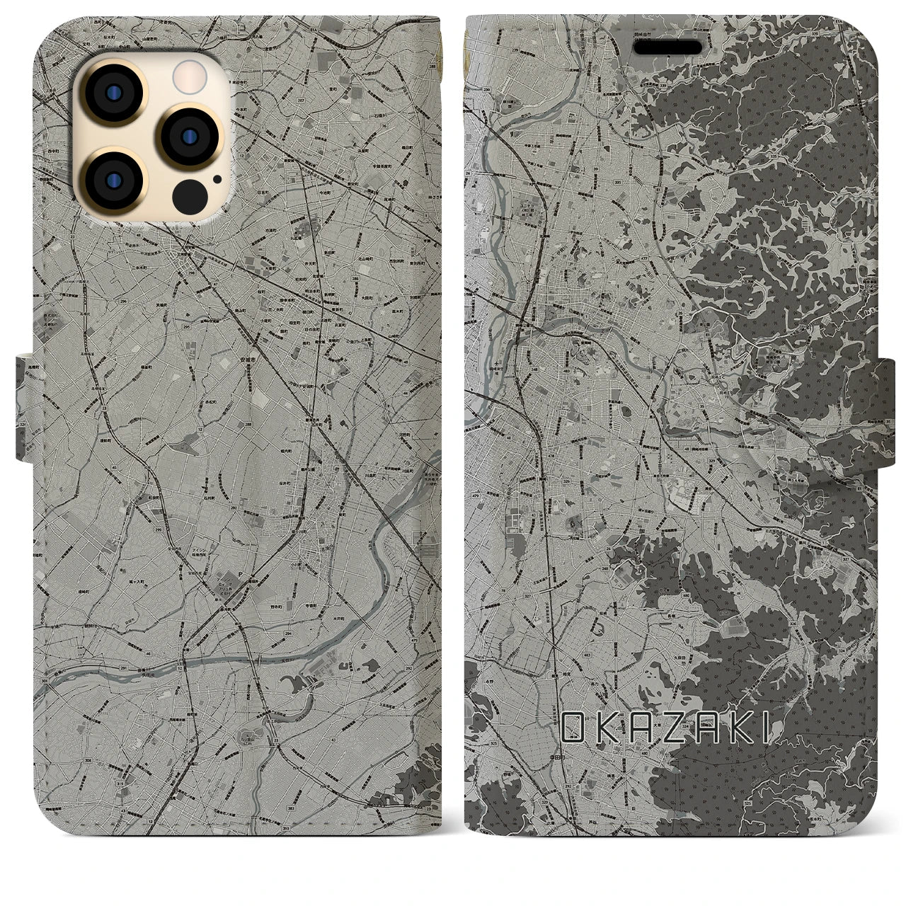 【岡崎(愛知県)】地図柄iPhoneケース(手帳タイプ)モノトーン・iPhone 12 Pro Max 用