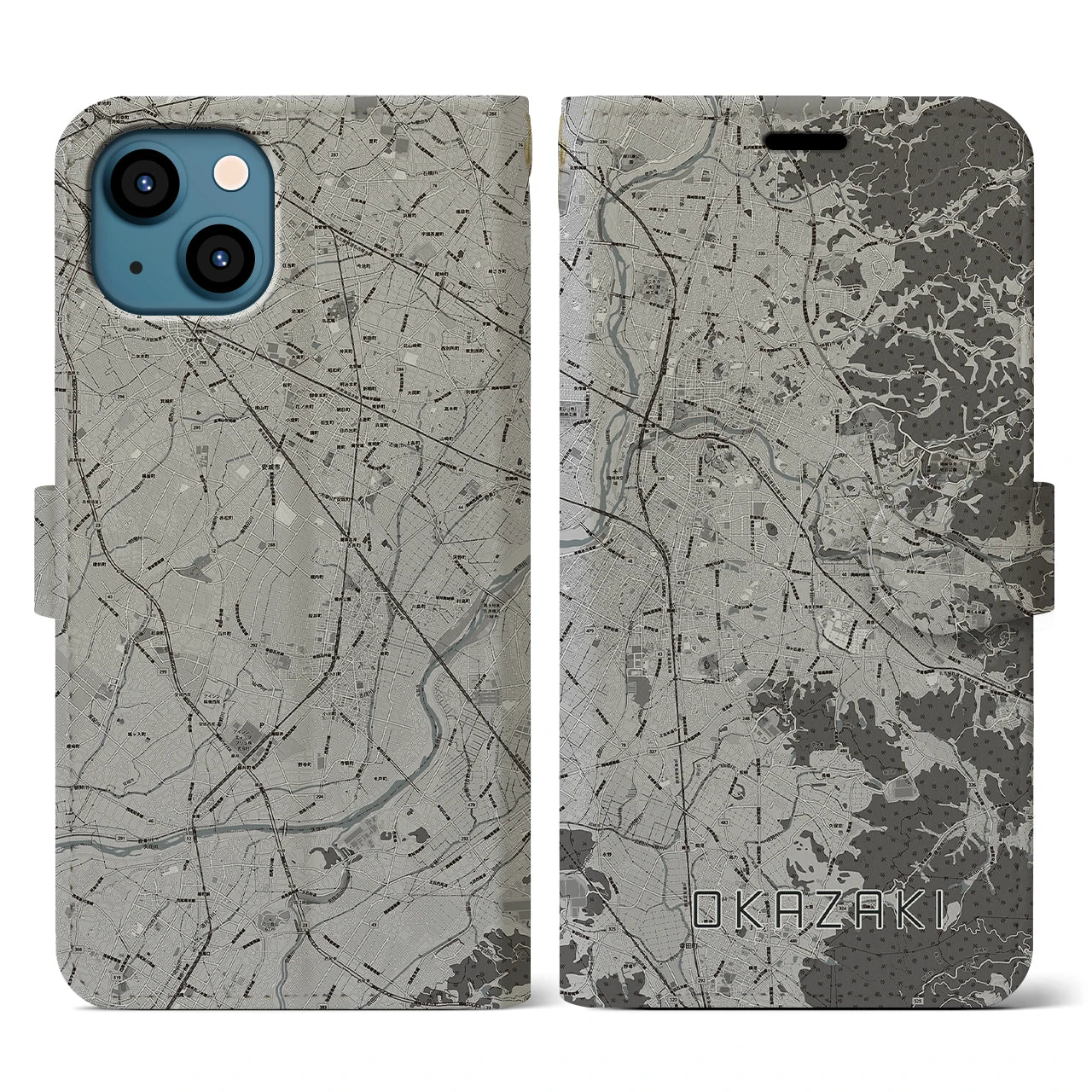 【岡崎(愛知県)】地図柄iPhoneケース(手帳タイプ)モノトーン・iPhone 13 用