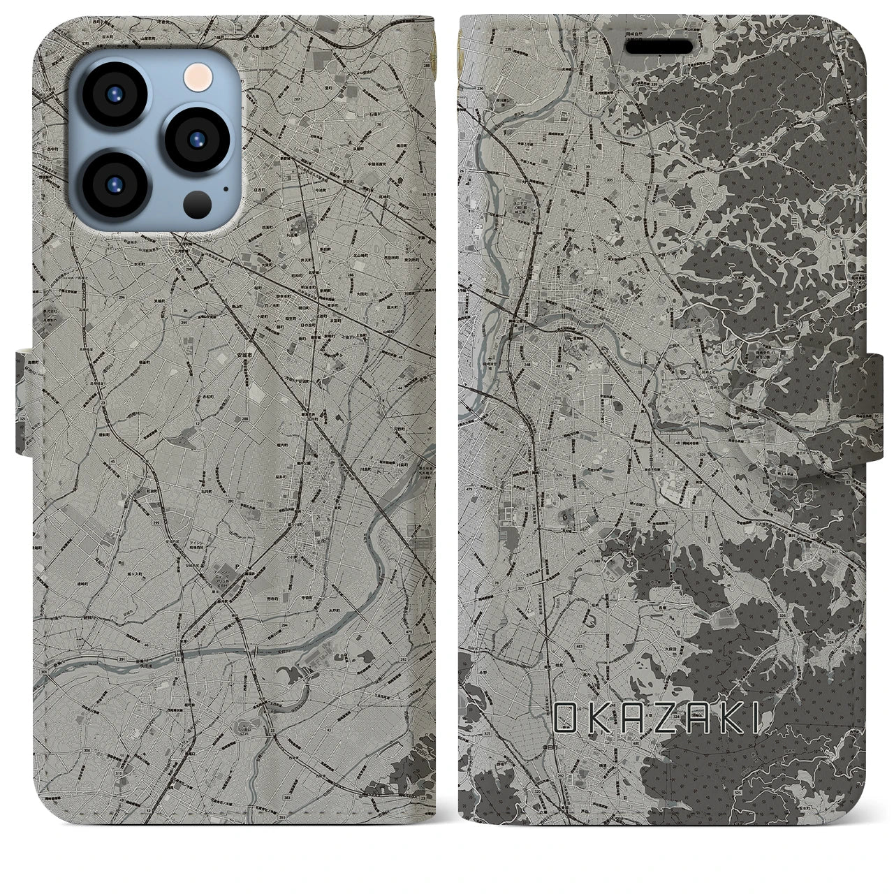 【岡崎(愛知県)】地図柄iPhoneケース(手帳タイプ)モノトーン・iPhone 13 Pro Max 用