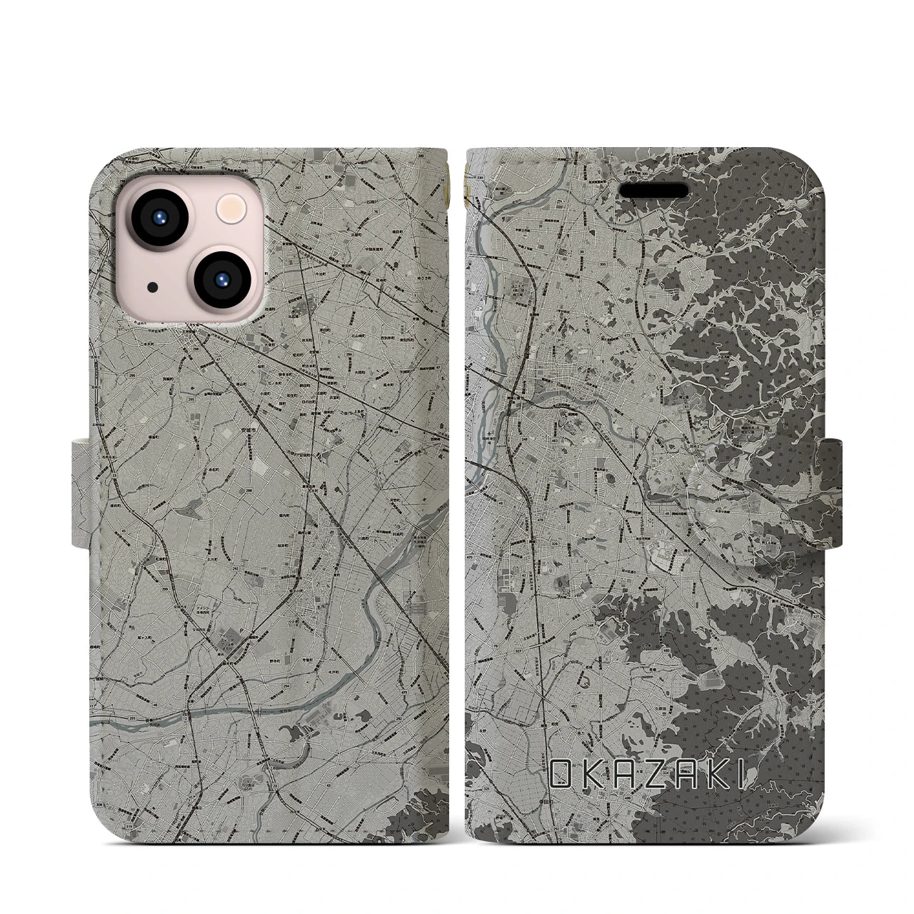 【岡崎(愛知県)】地図柄iPhoneケース(手帳タイプ)モノトーン・iPhone 13 mini 用
