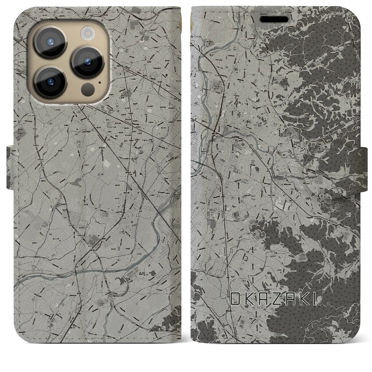 【岡崎(愛知県)】地図柄iPhoneケース(手帳タイプ)モノトーン・iPhone 14 Pro Max 用