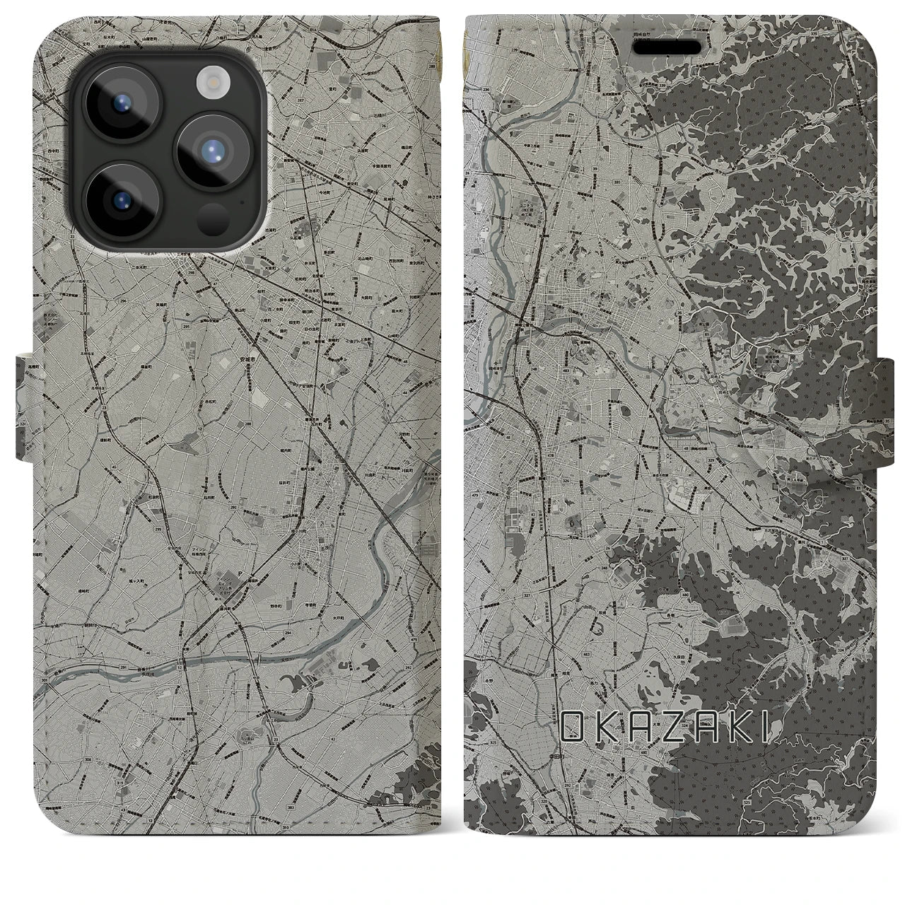 【岡崎(愛知県)】地図柄iPhoneケース(手帳タイプ)モノトーン・iPhone 15 Pro Max 用