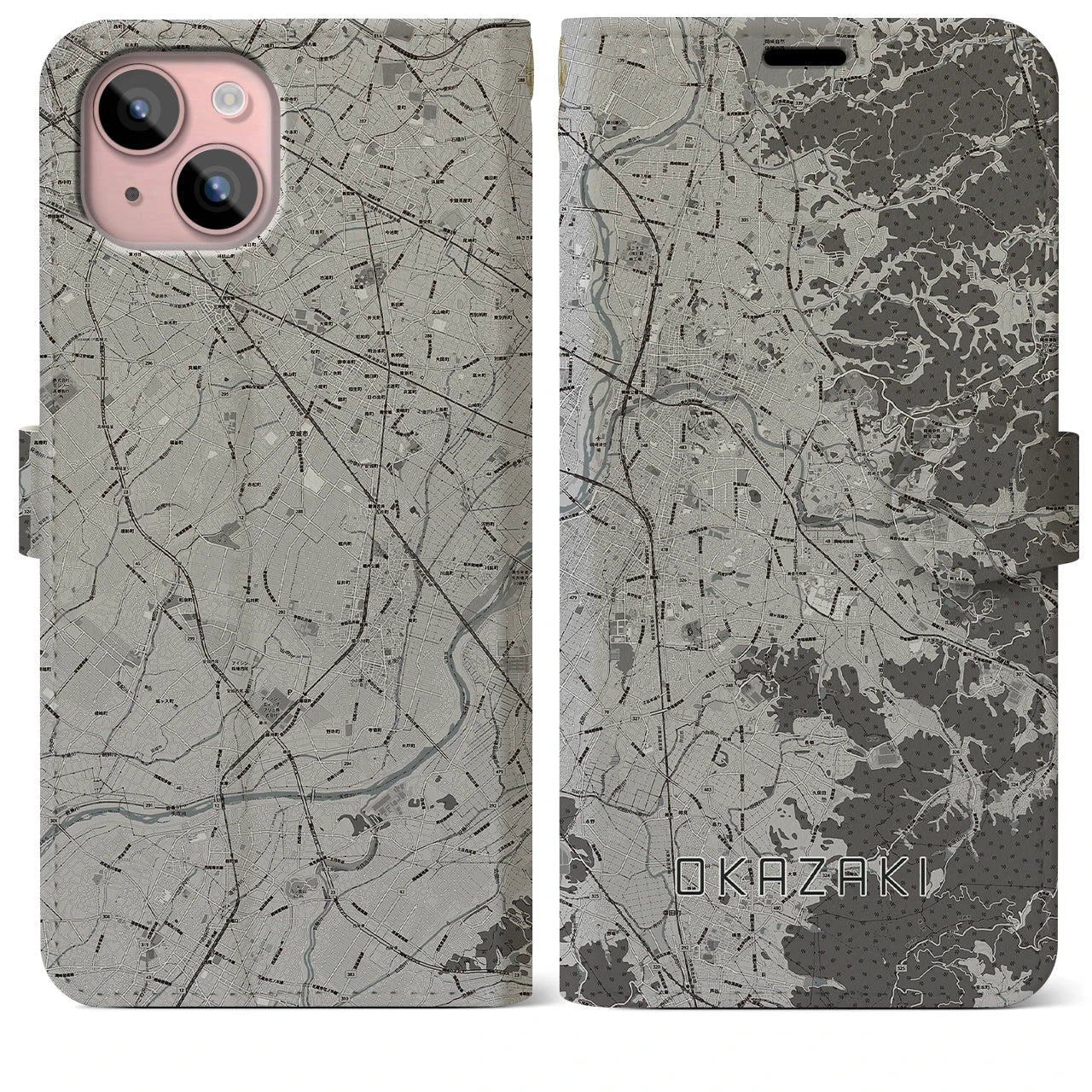 【岡崎(愛知県)】地図柄iPhoneケース(手帳タイプ)モノトーン・iPhone 15 Plus 用
