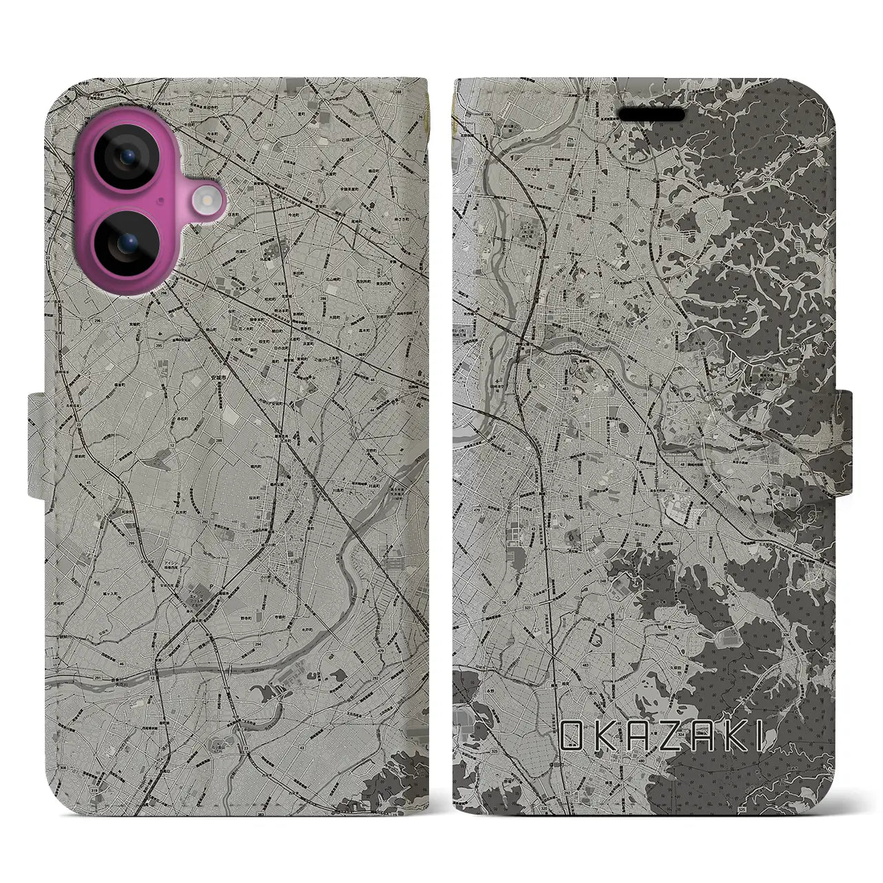 【岡崎(愛知県)】地図柄iPhoneケース(手帳タイプ)モノトーン・iPhone 16 Pro 用