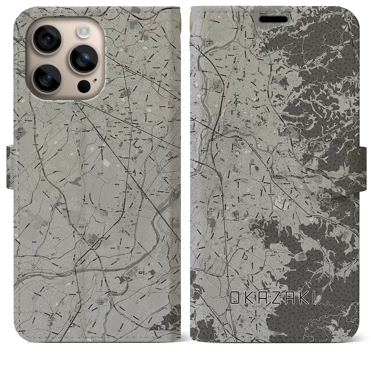 【岡崎(愛知県)】地図柄iPhoneケース(手帳タイプ)モノトーン・iPhone 16 Plus 用