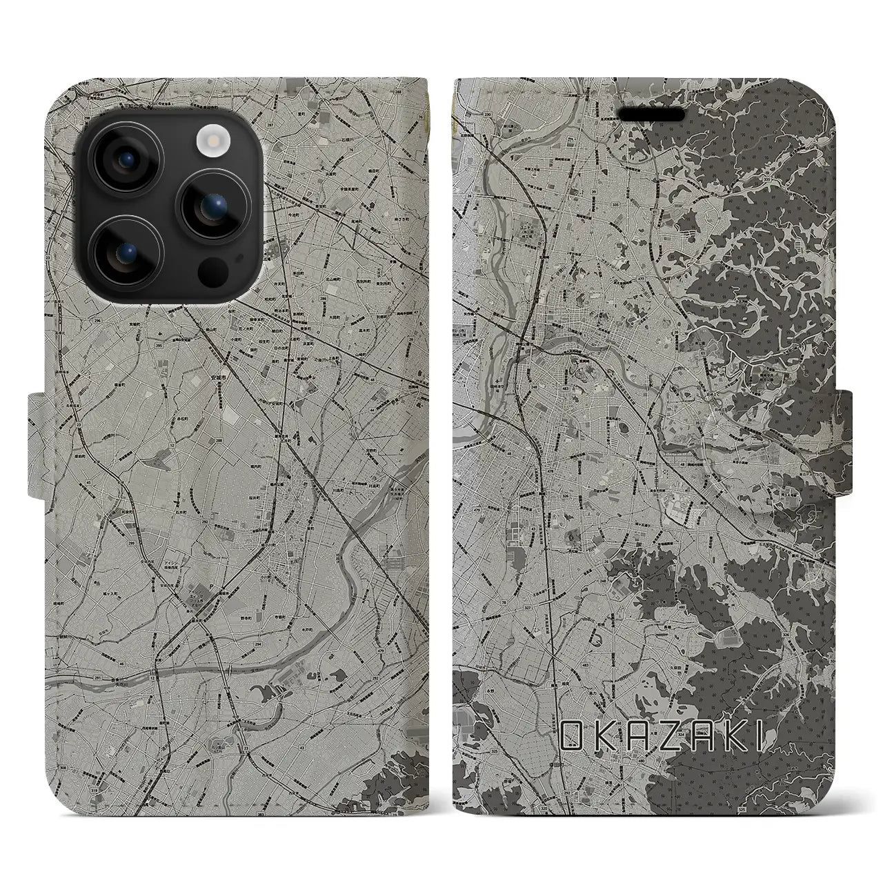 【岡崎(愛知県)】地図柄iPhoneケース(手帳タイプ)モノトーン・iPhone 16 用