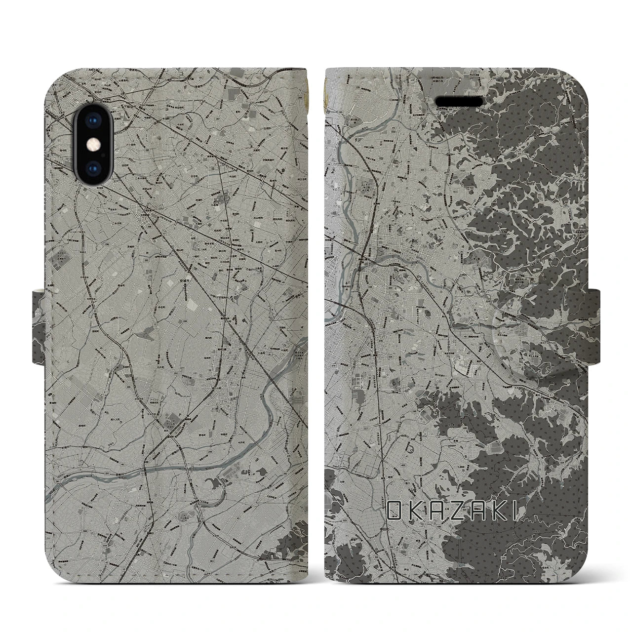 【岡崎(愛知県)】地図柄iPhoneケース(手帳タイプ)モノトーン・iPhone XS / X 用