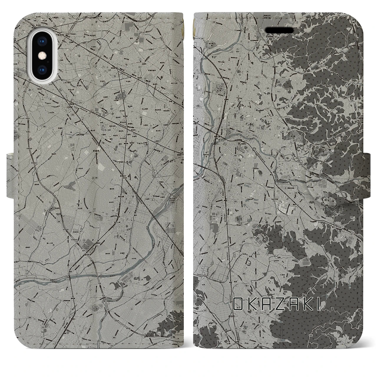 【岡崎(愛知県)】地図柄iPhoneケース(手帳タイプ)モノトーン・iPhone XS Max 用