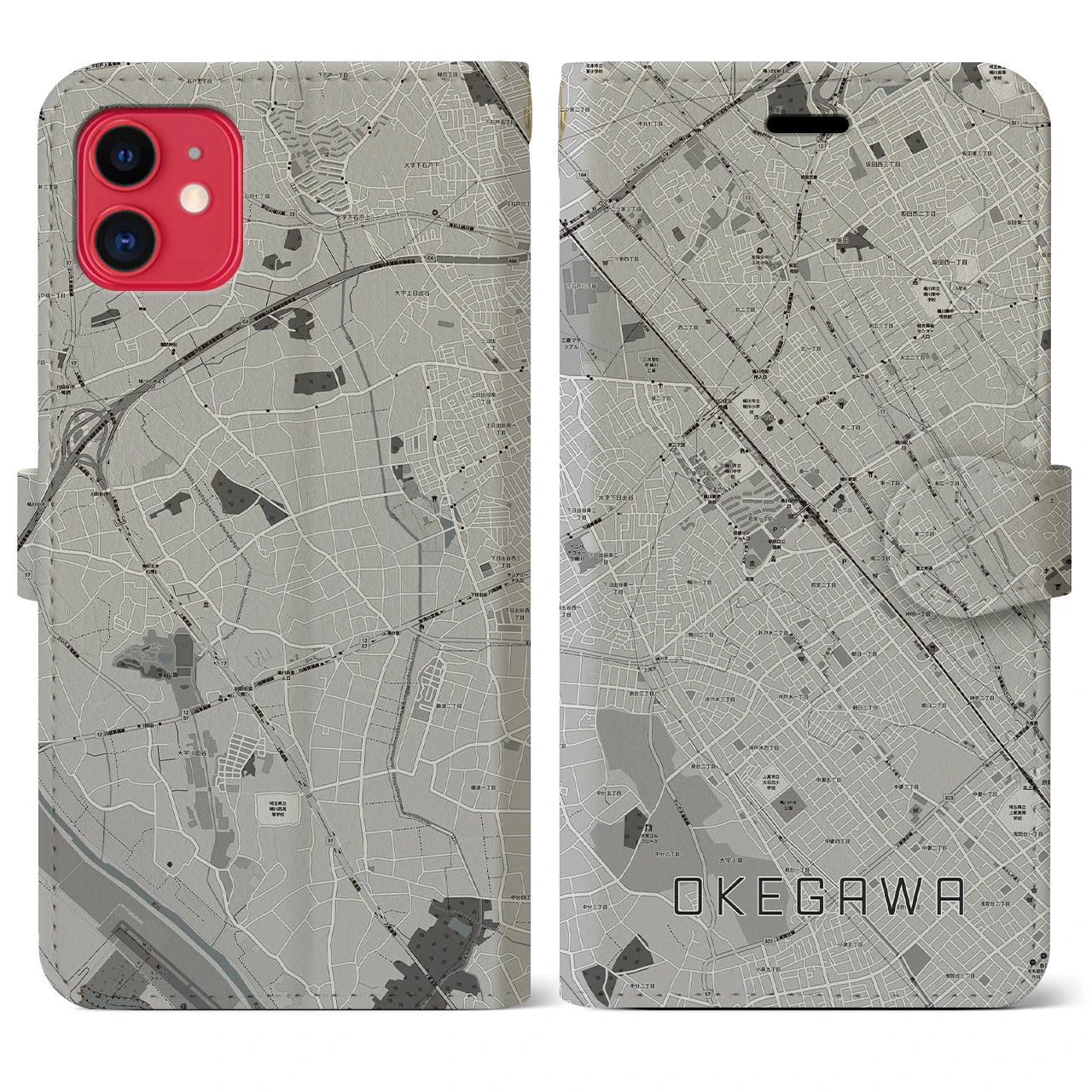 【桶川(埼玉県)】地図柄iPhoneケース(手帳タイプ)モノトーン・iPhone 11 用