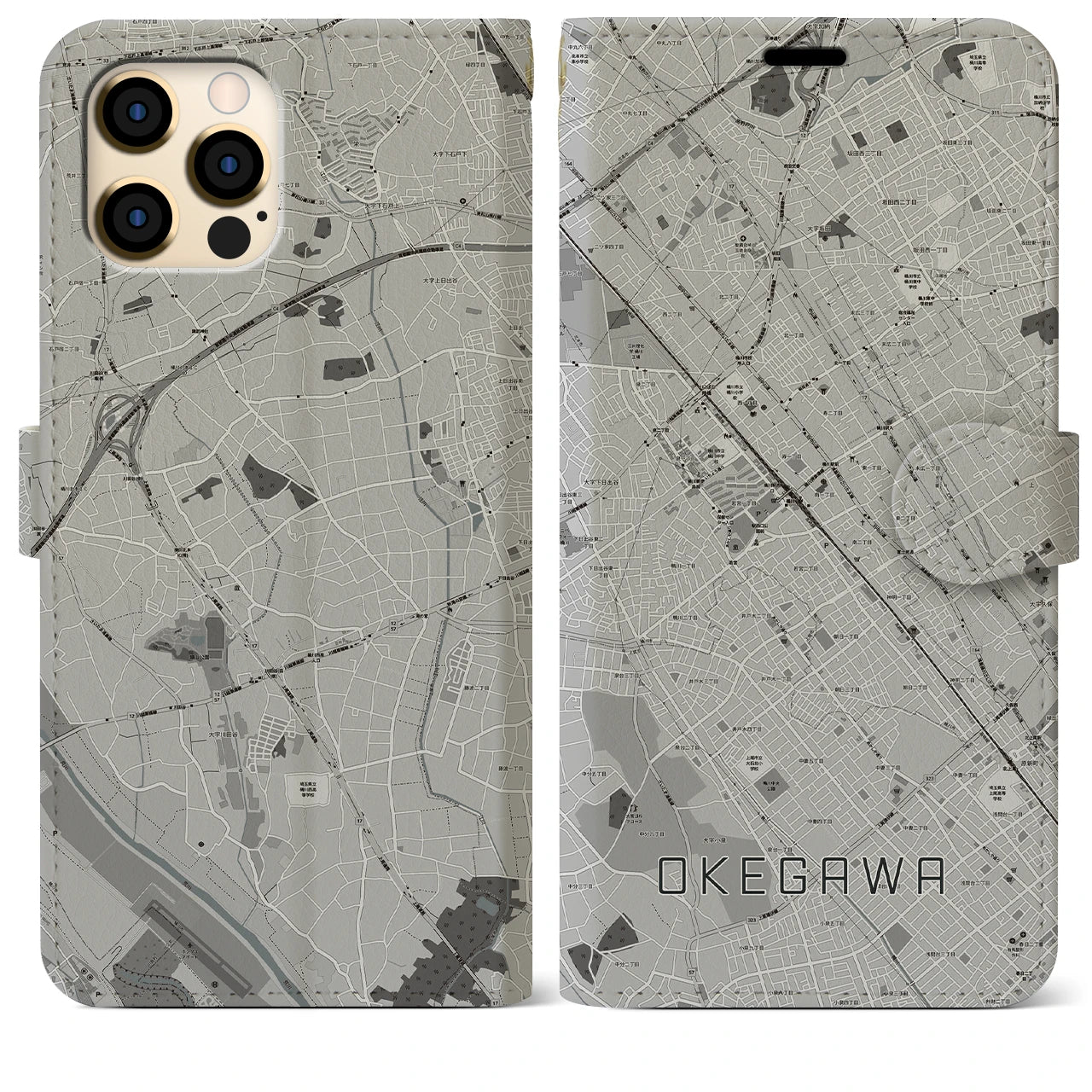 【桶川(埼玉県)】地図柄iPhoneケース(手帳タイプ)モノトーン・iPhone 12 Pro Max 用