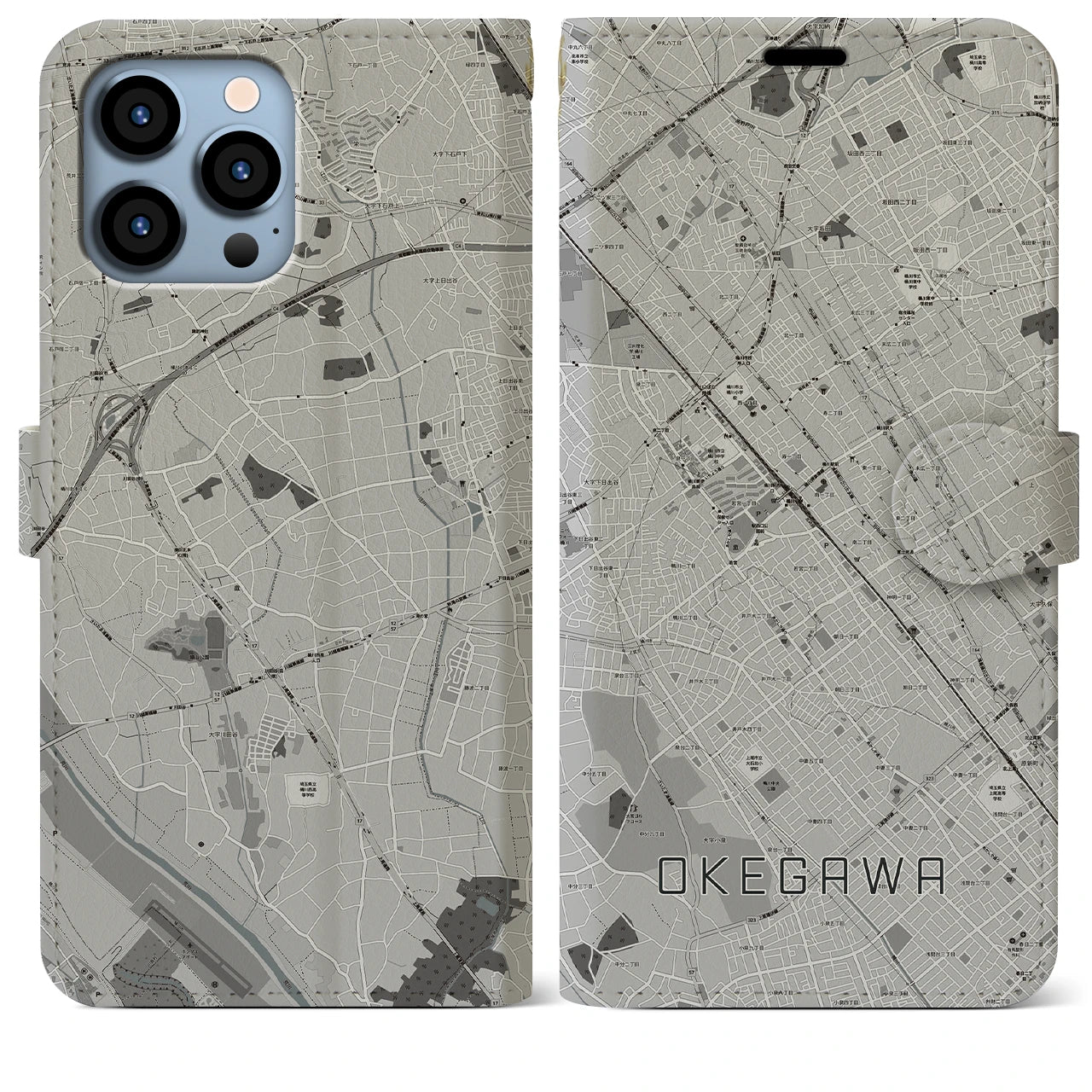 【桶川(埼玉県)】地図柄iPhoneケース(手帳タイプ)モノトーン・iPhone 13 Pro Max 用