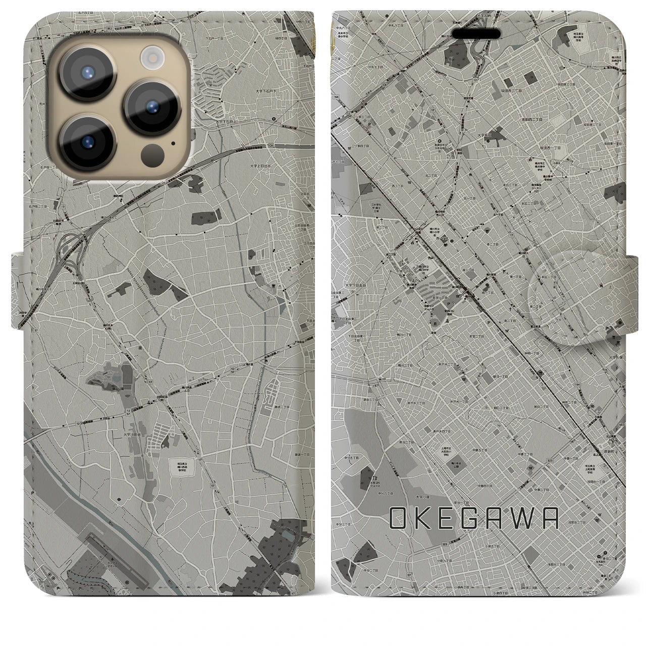 【桶川(埼玉県)】地図柄iPhoneケース(手帳タイプ)モノトーン・iPhone 14 Pro Max 用