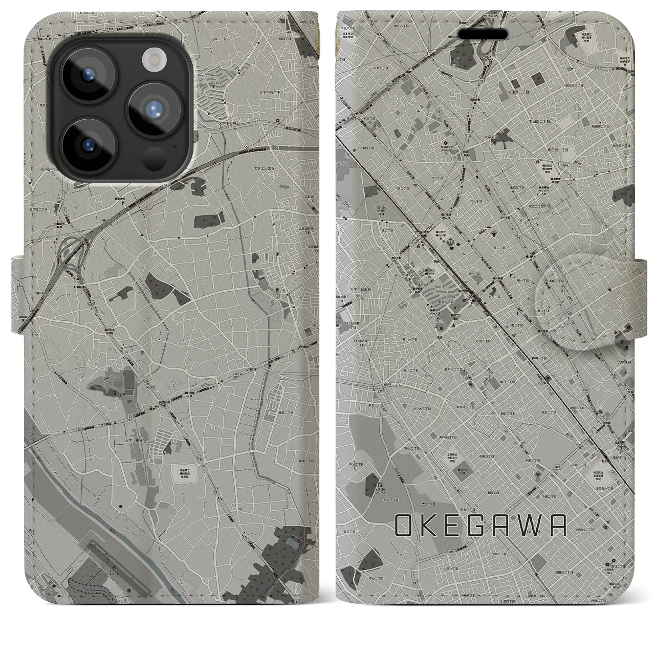 【桶川(埼玉県)】地図柄iPhoneケース(手帳タイプ)モノトーン・iPhone 15 Pro Max 用