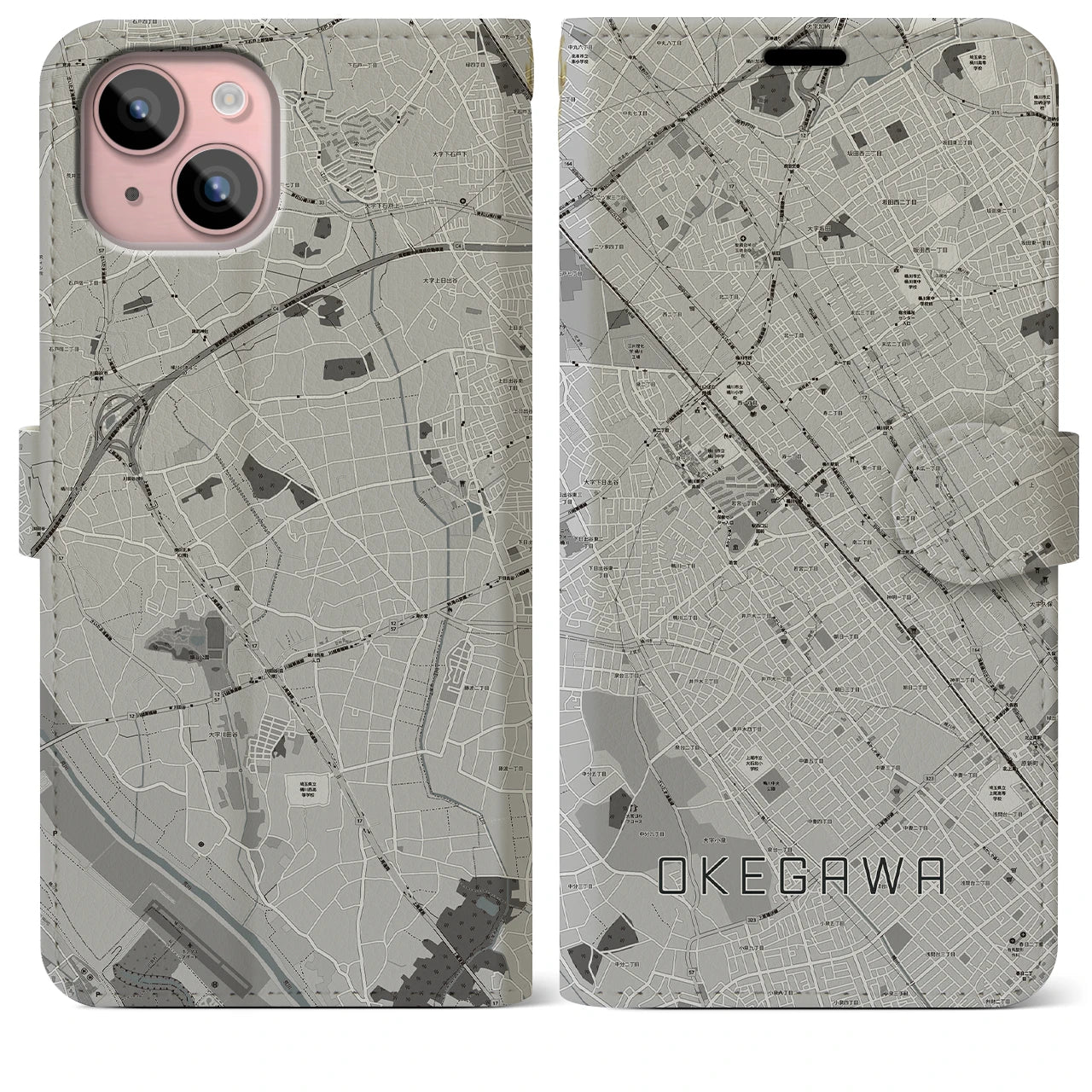 【桶川(埼玉県)】地図柄iPhoneケース(手帳タイプ)モノトーン・iPhone 15 Plus 用