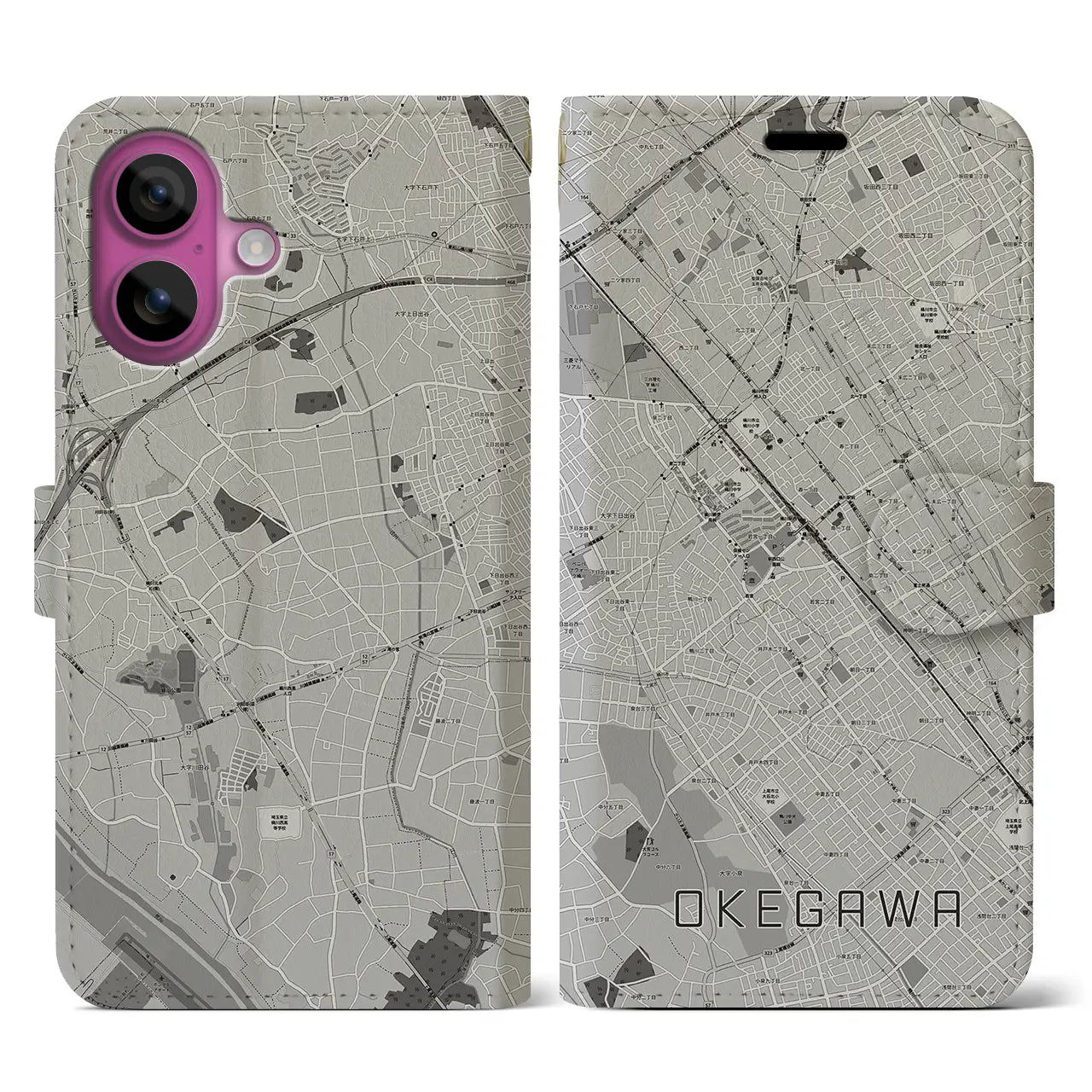 【桶川(埼玉県)】地図柄iPhoneケース(手帳タイプ)モノトーン・iPhone 16 Pro 用