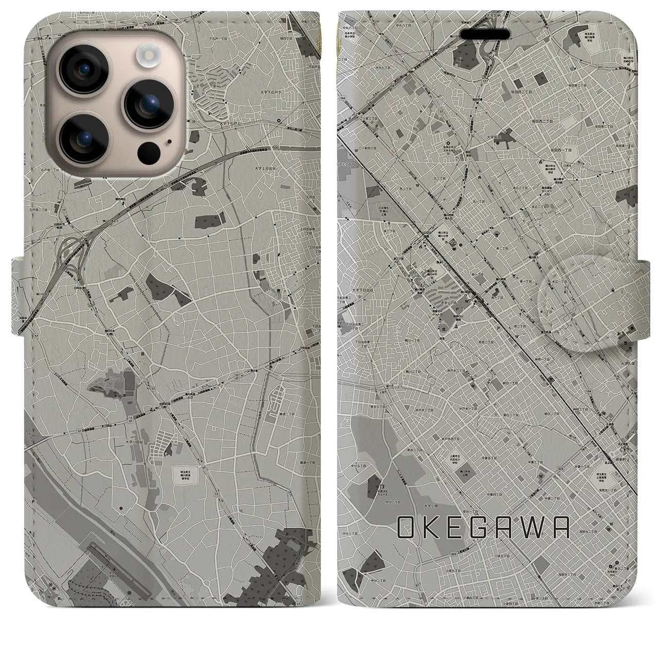 【桶川(埼玉県)】地図柄iPhoneケース(手帳タイプ)モノトーン・iPhone 16 Plus 用